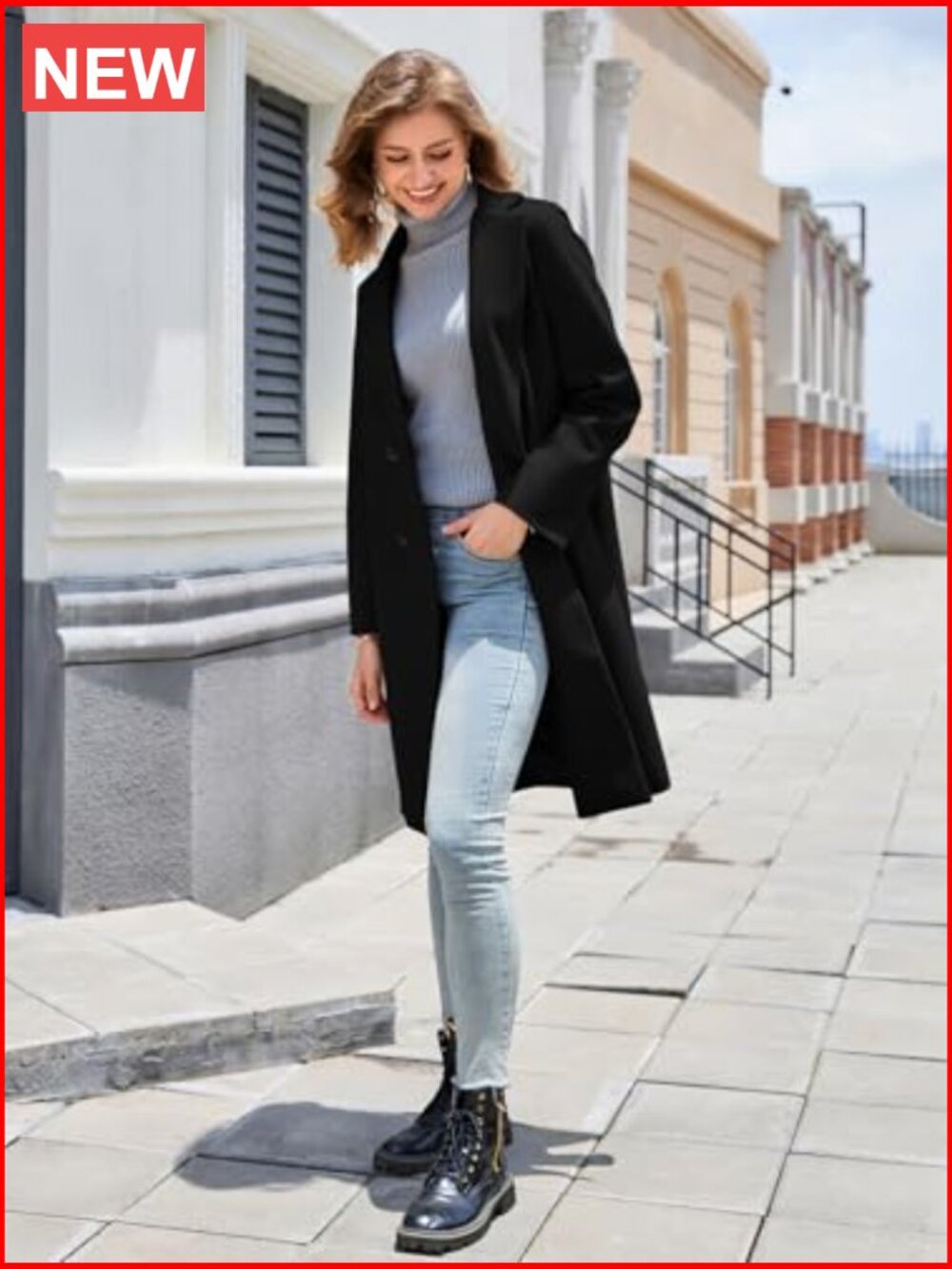 Double Breasted Notch Lapel Pea Coat Mid Long Winter Trench Overcoat - Picture 3 of 5